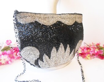 Black Silver Beaded Evening Clutch Bag, Vintage Party Purse
