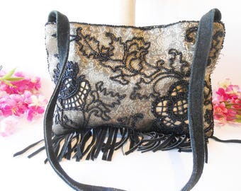 Vintage Beaded Evening Bag, Black Brocade Cocktail Purse