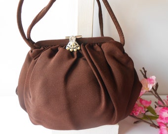 1950s Brown Faille Handbag, Rhinestone Clasp, Vintage Evening Purse
