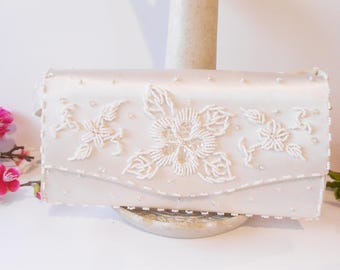 Vintage White Wedding Purse, Beaded Satin Bag, EB-0445