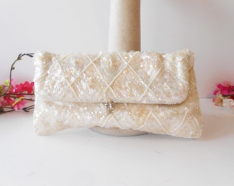 White Beaded Wedding Purse, Beaded Clutch Bag, EB-0572