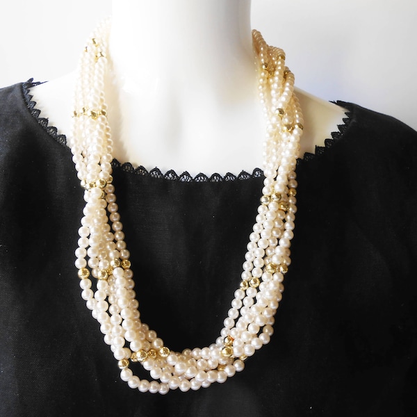 Vintage 6 Strand Pearl Necklace, Matinee Length Pearls, Six Strand Twisted Pearl and Gold Bead Necklace