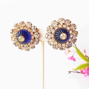 Rhinestone and Blue Glass Earrings, Large Rhinestone Earrings, Clip On, After Five Jewelry, Jewelry Gift for Her