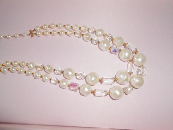 Pearl and Crystal Necklace, Double Strand Pearl N… - image 4