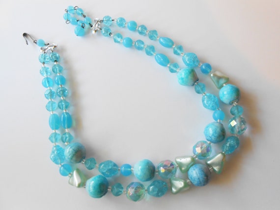 Vintage Aqua Bead Necklace, Glamorous Pearl Facet… - image 1