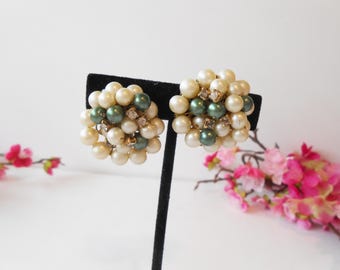 Vintage Pearl Bead Earrings, Green White, Clip On