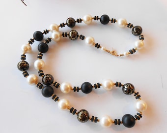 Vintage Pearl Black Bead Necklace, Single Strand, Gold Accents,