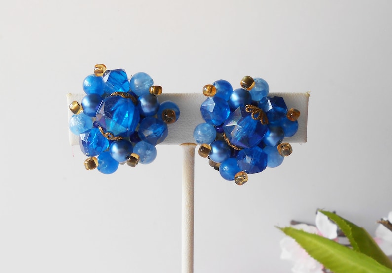 Vintage Blue Bead Earrings Glamorous Blue Bead Cluster Clip On Earrings