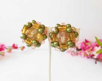 Vintage Green and Gold Bead Earrings, Cluster Style Clip On style