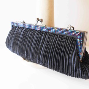 Blue Taffeta Clutch Bag Beaded Trim, Dark Blue Evening Bag Metallic Beading, Special Occasion Bag EB-0550