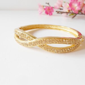 Goldtone Bracelet Topaz Color Stones, Hinged Bracelet, Topaz and Gold, Sparkly Jewelry, Holiday Gift for Her