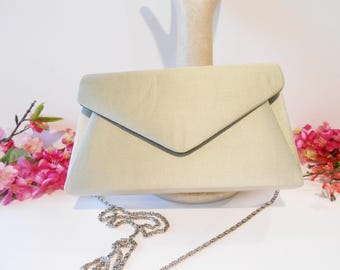 Green Satin Evening Clutch, Mother of Bride Purse, Chain Strap