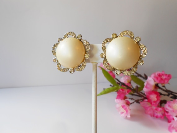 Boucles D'oreilles Anciennes Clips - Perles Nacrées Et Strass - Occasion Bon état