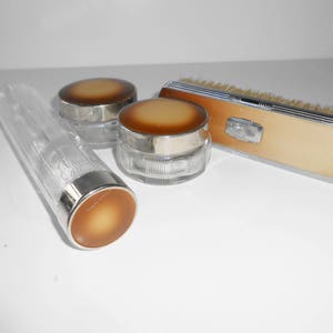 1950s Ladies Vanity Set, Glass Dresser Jars, Silvertone Trim image 5