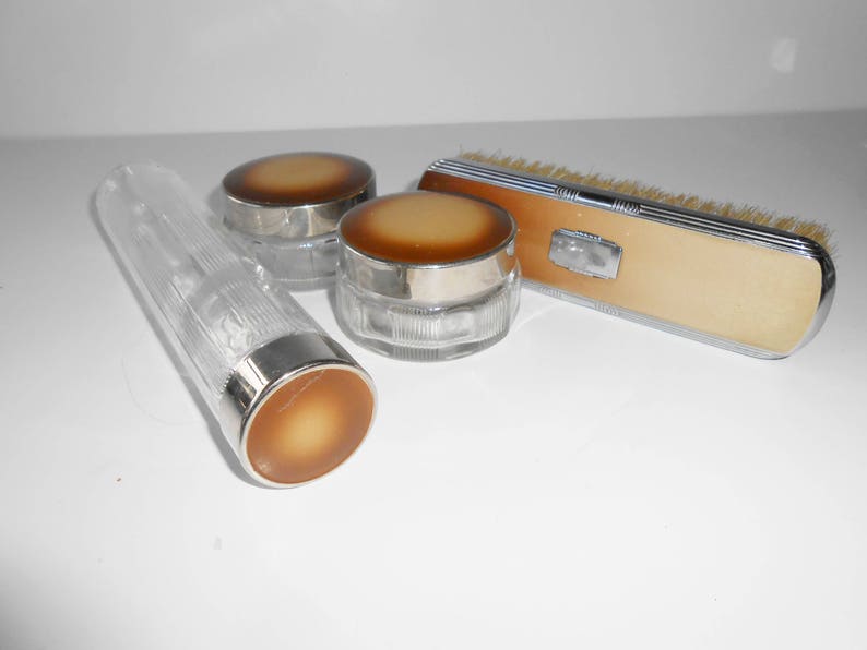 1950s Ladies Vanity Set, Glass Dresser Jars, Silvertone Trim image 5