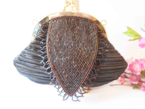 Brown Beaded Evening Bag, Small Beaded Handbag, B… - image 1