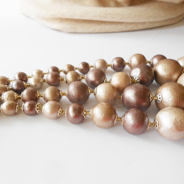 Collier de perles vintage, double rang, beige taupe et marron