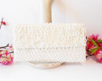Vintage White Wedding Purse, Beaded Satin Bag, EB-0445