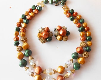 Vintage Gold Green Bead Necklace and Clip On Earrings Set