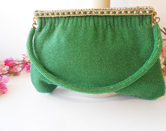 Vintage Green Beaded Clutch, Green Evening Bag, Bag EB-0615