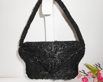 Vintage 50s Black Bead Handbag, Retro Black Beaded Purse, Box Style Evening Bag EB-0223