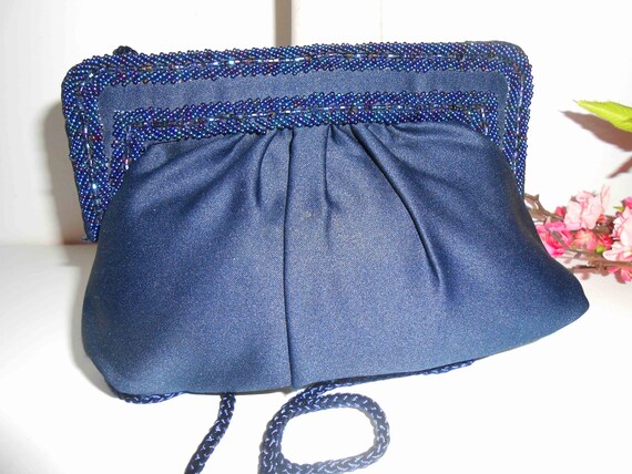 Vintage Blue Beaded Handbag, Blue Bead Clutch Pur… - image 4