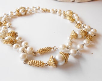 Vintage Pearl Necklace, Single Strand Pearl and Gold Beads,