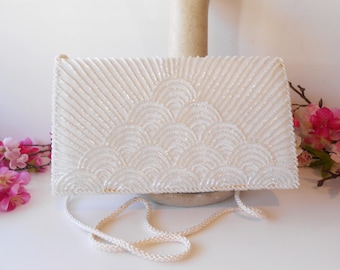 Bolso de mano de novia blanco con cuentas, bolso de noche de tafetán EB-0760