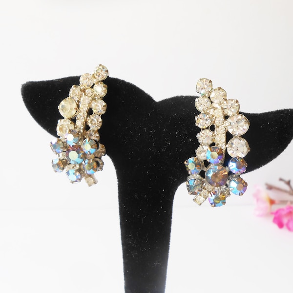 Vintage Rhinestone and Blue AB Stone Earrings, Wedding Earrings, Sparkly Clip On Earrings, Formal Jewelry,