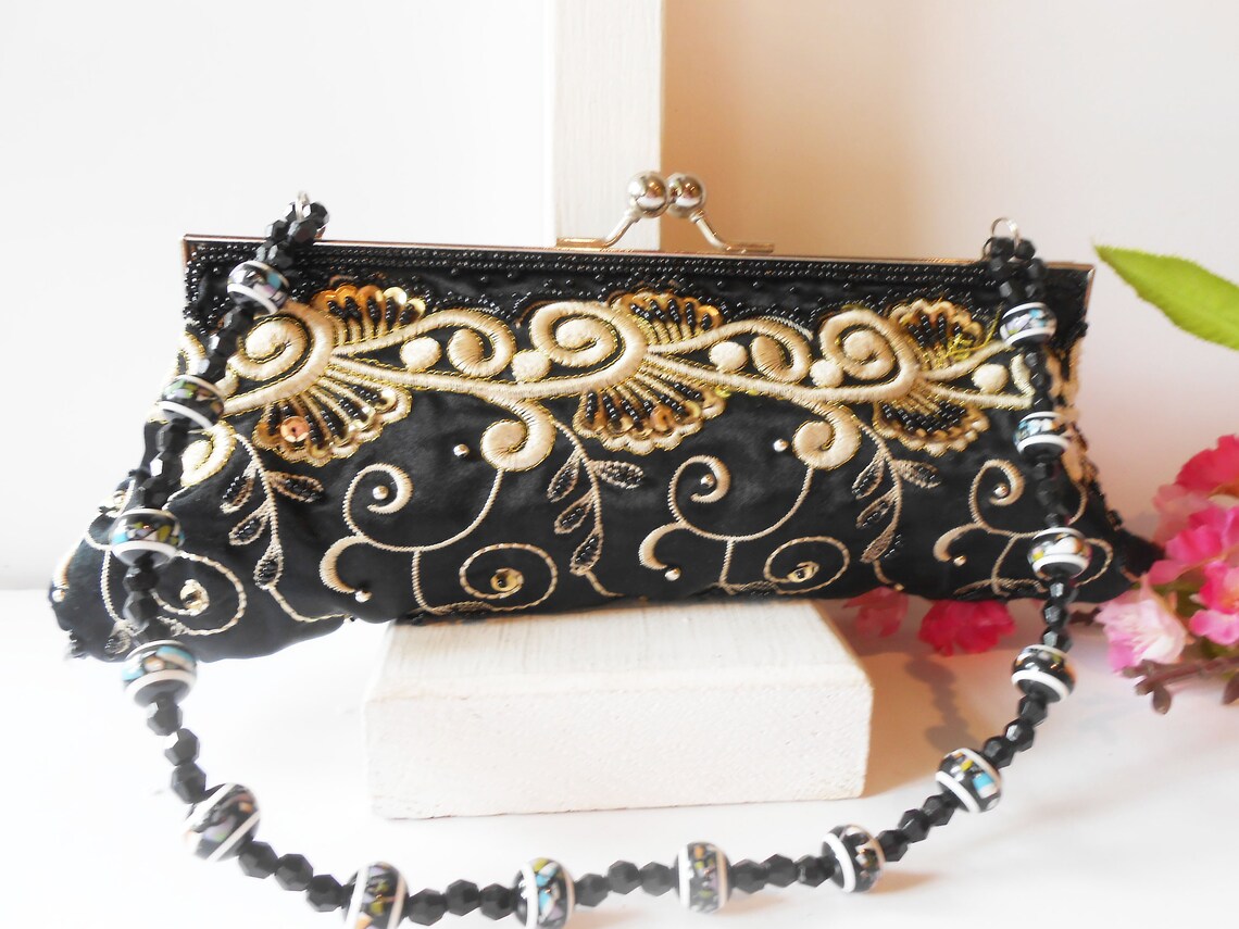 Vintage Black Evening Bag With Embroidery and Beads Glamorous Etsy