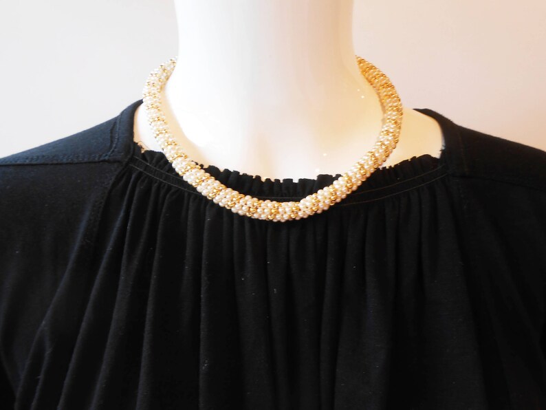 Vintage Pearl Choker Necklace, Gold Bead Rope, 16.5 Inch image 5