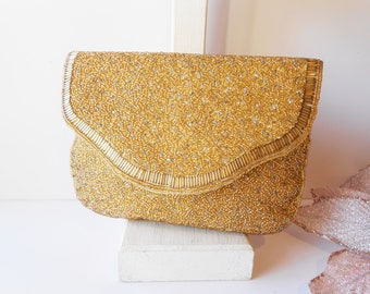 Magid Gold Bead Evening Bag, Glamorous Gold Clutch , Gold Bead Clutch, Special Occasion Bag, Cocktail Purse EB-0714