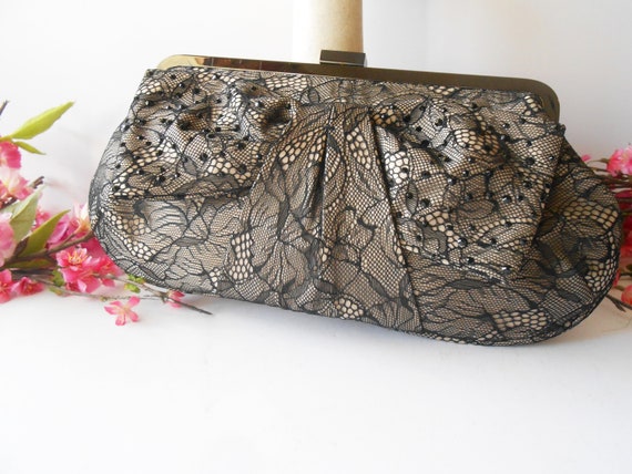 Black Cream Lace Evening Bag, Vintage Lace Clutch… - image 3