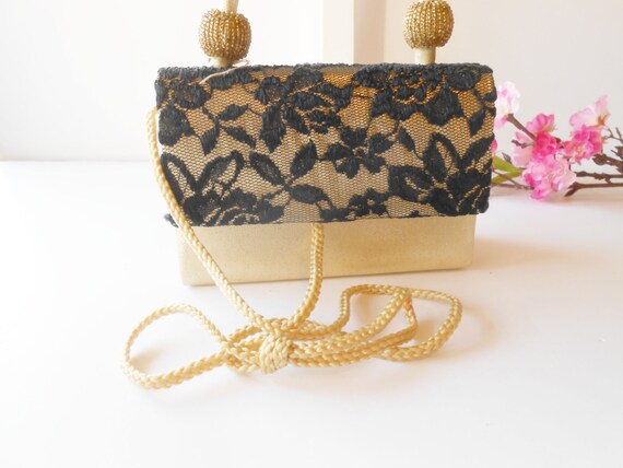 Gold Evening Bag Black Lace Trim, Small Gold Bead… - image 1