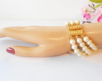Pearl Wedding Bracelet, Triple Strand Faux Pearls, Goldtone Clasp