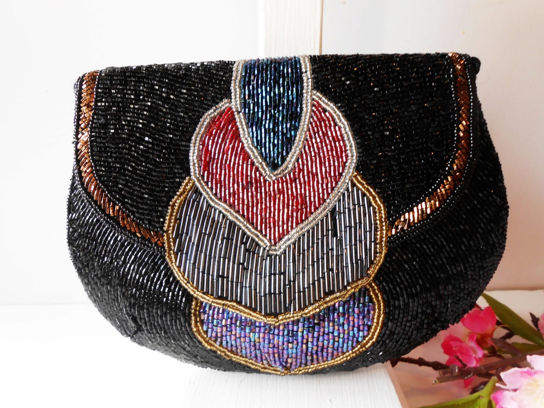 Vintage Beaded Evening Bag, Multi Color Bead Clutch Bag