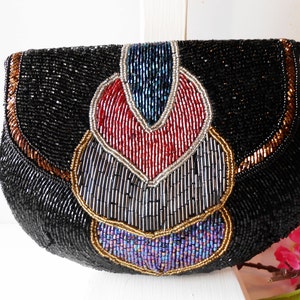 Vintage Beaded Evening Bag, Multi Color Bead Clutch Bag, Beaded Handbag Black, Vintage Beaded Purse,  EB-0076