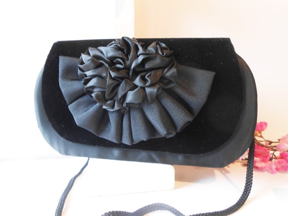 Black Velvet Satin Evening Bag, Vintage Velvet Pu… - image 2