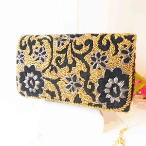 Stunning Gold Beaded Clutch by Walborg, Vintage Gold Bead Evening Bag, Black Gold Walborg Handbag, After Five Bag EB-0527