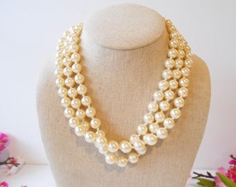 Classic Pearl Necklace, Hand Tied, 3 Strand 18"