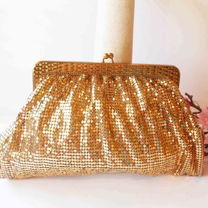 Vintage Gold Mesh Clutch Evening Bag, Whiting Davis Luxury Handbag, Glamorous Gold Clutch Bag, Holiday Handbag  EB-0669