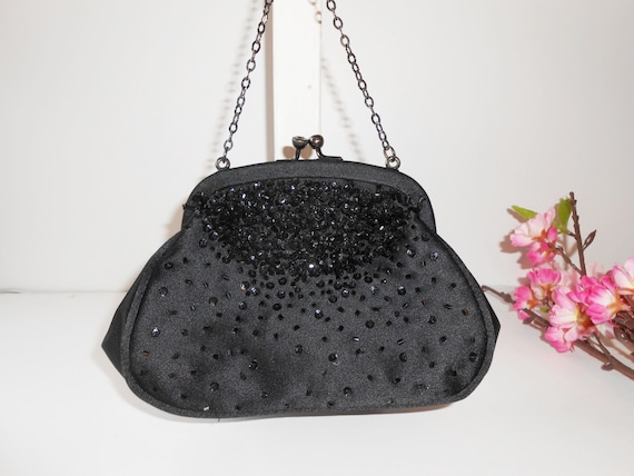 Vintage Black Evening Bag, Vintage Beaded Bag, Sp… - image 1
