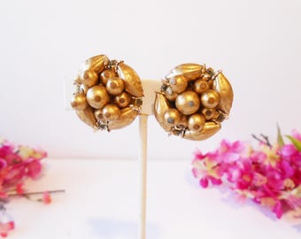 Vintage Gold Bead Earrings, Marked Japan Clip On