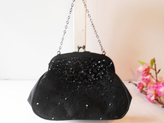 Vintage Black Evening Bag, Vintage Beaded Bag, Sp… - image 4