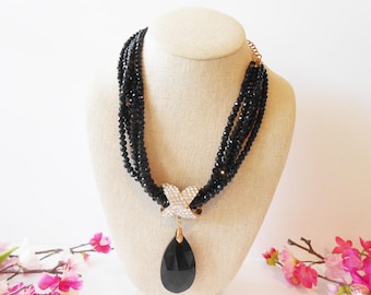 Vintage Black Bead Necklace, Five Strand Rhinestone Accent
