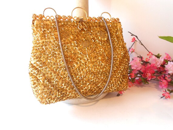 Gold Beaded Evening Bag, Gold Bead Clutch Bag, Af… - image 5