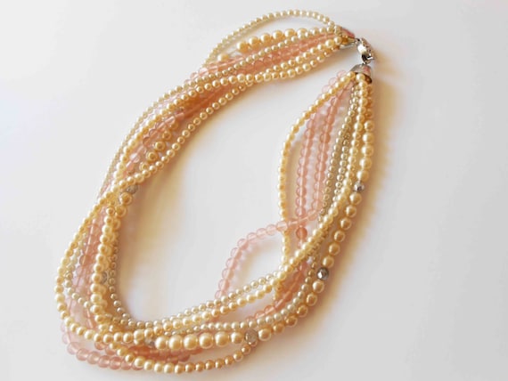 Pearl Necklace Blush Pink Beads, Vintage 80's Pea… - image 1