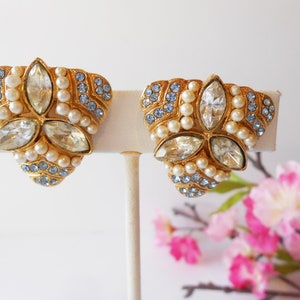 Vintage Rhinestone Pearl Aqua Earrings, Aqua Rhinestones, Clip On Earrings, Wedding Jewelry, Earrings for Brides, Jewelry Gift for Her