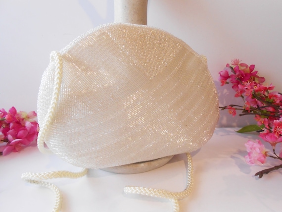 White Beaded Wedding Purse, Iridescent Beaded Clu… - image 8