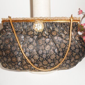 Made in France Evening Bag, Black Gold Floral Taffeta Clutch
